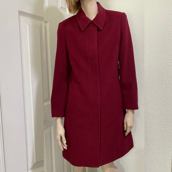 Vintage EDDIE BAUER Wine Burgundy Red Wool/Cashmere Blend Trench Peacoat Size S - Picture 2 of 16